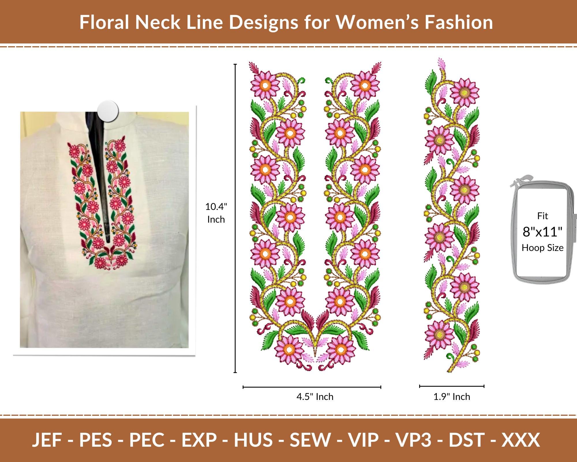 Floral Neck Line Machine Embroidery Designs for Women's