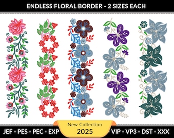 Floral Border Embroidery Set | Machine Embroidery Design | 2 Sizes Each | Instant Download