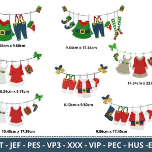Puede incluir: Un conjunto de ocho diseños de bordado que representan prendas de vestir con temática navideña colgadas de un tendedero. Los diseños incluyen atuendos de duendes, trajes de Papá Noel y un vestido. Los diseños están disponibles en varios tamaños, que van desde 6,12 cm hasta 23,88 cm.
