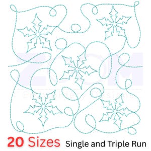 Könnte beinhalten: Türkisfarbenes Stickmuster mit vier Schneeflockenmustern, die durch geschwungene Linien verbunden sind. Der Text "20 Größen" und "Single and Triple Run" ist im unteren Teil des Bildes zu sehen.