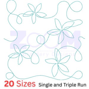 May include: A white background features a teal floral design with looping stems and five-petal flowers. The text "20 Sizes Single and Triple Run" is in the lower portion of the image. The design is for embroidery.