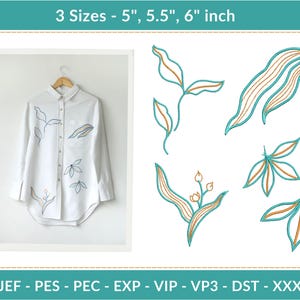 May include: White button-down shirt with embroidered leaf designs. The image also shows several leaf embroidery designs in teal and gold. The text at the top says "3 Sizes - 5", 5.5", 6" inch".