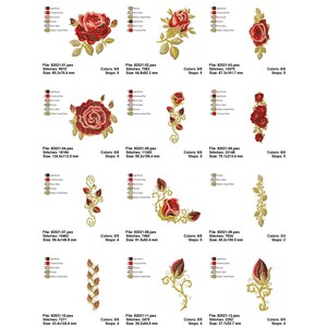 May include: A set of 12 embroidery designs featuring roses in various styles. The designs are in red, gold, and green colors. The designs are perfect for adding a touch of elegance to any project.