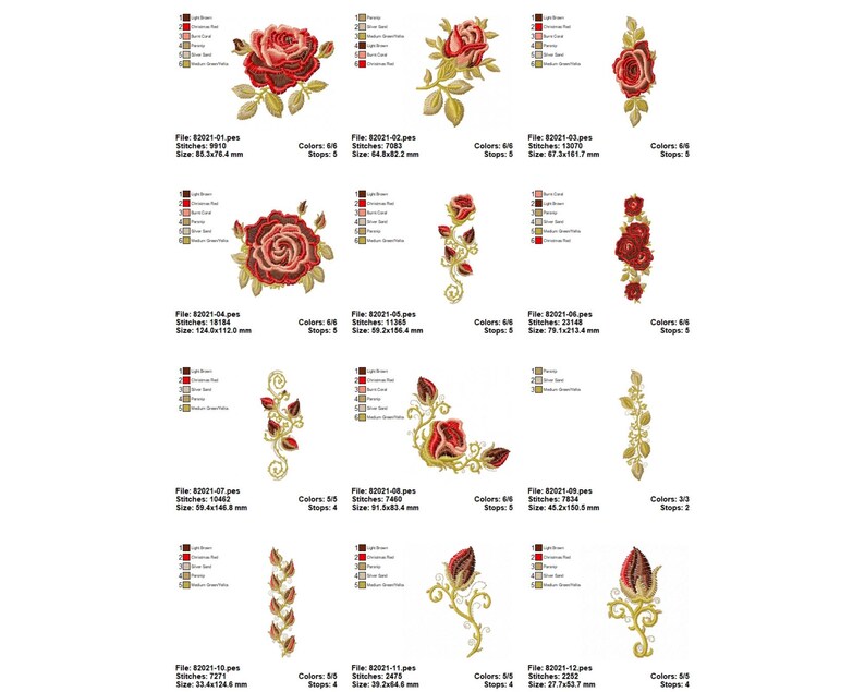May include: A set of 12 embroidery designs featuring roses in various styles. The designs are in red, gold, and green colors. The designs are perfect for adding a touch of elegance to any project.