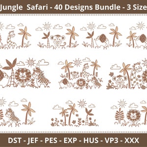 Jungle Safari Animal Machine Embroidery Design Bundle – 40 Cute Line Art Designs in 3 Sizes – Giraffe, Lion, Monkey, Elephant, Zebra