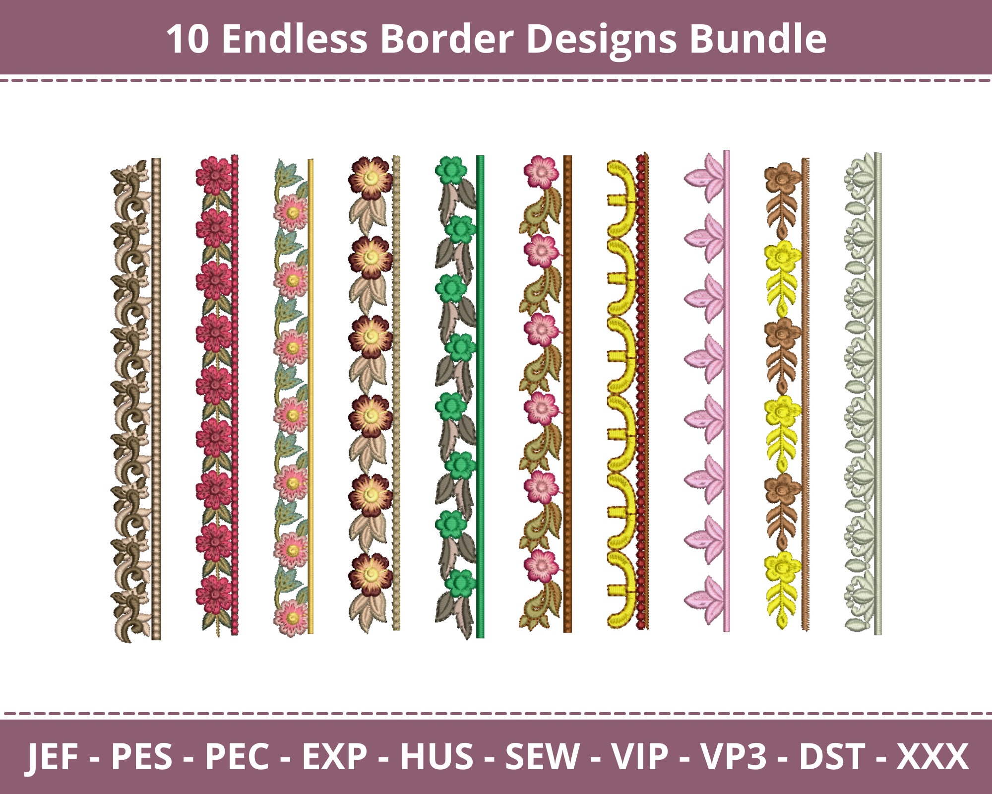 10 Simple Seamless Embroidery Border Designs 8 Formats Instant Download ...