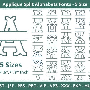 Applique Split Font Machine Embroidery Designs - Monogram Splitted Alphabet Embroidery Pattern - 5 Sizes Each - Instant Download