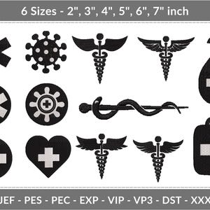 Medical Embroidery Design Bundle – 14 Healthcare Icons – 6 Sizes – Caduceus, First Aid, Nurse Heart – Instant Download