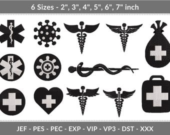 Medical Embroidery Design Bundle – 14 Healthcare Icons – 6 Sizes – Caduceus, First Aid, Nurse Heart – Instant Download
