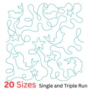 May include: A teal-colored, stitched design featuring dolphins and starfish on a white background. The design includes the text "20 Sizes Single and Triple Run". This pattern is suitable for quilting or embroidery projects.