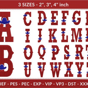 Diseños de bordado a máquina con el alfabeto de sombreros de vaquero del oeste - 3 tamaños (2", 3", 4") - Juego de letras rústicas para decoración campestre y estilo occidental