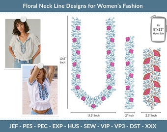 Blumen Ausschnitt Maschinenstickerei für Damen Kleid und Oberteil - Blumen Hals Stickmuster - für 20x30 Rahmen - zum sofortigen Download