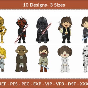 Può includere: Dieci disegni da ricamo di personaggi di Star Wars, tra cui Darth Vader, Yoda, la principessa Leia e gli Stormtrooper. I disegni sono disponibili in tre dimensioni.