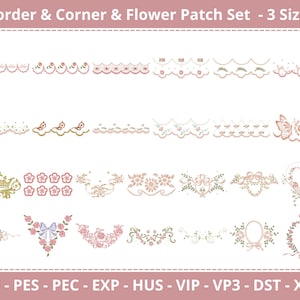 Pode incluir: Um conjunto de 3 tamanhos de desenhos de bordado com bordas, cantos e patches de flores. Os desenhos são de estilo delicado e feminino com renda, flores e borboletas. Os desenhos estão disponíveis nos formatos JEF, PES, PEC, EXP, HUS, VIP, VP3, DST e XXX.