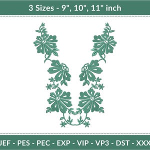 May include: An embroidered floral design in teal green, featuring three sizes: 9, 10, and 11 inches. The design includes stylized flowers and leaves, with the text "3 Sizes - 9", 10", 11" inch" at the top and file format abbreviations at the bottom.