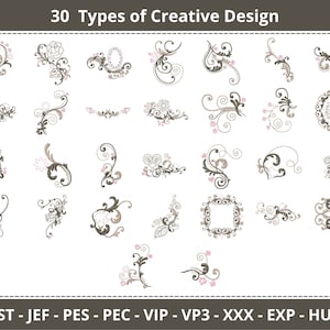 Elegant Swirl and Floral Machine Embroidery Design Bundle – 30 Decorative Elements for Borders, Frames, Corners, Accents
