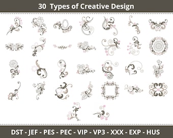 Elegant Swirl and Floral Machine Embroidery Design Bundle – 30 Decorative Elements for Borders, Frames, Corners, Accents