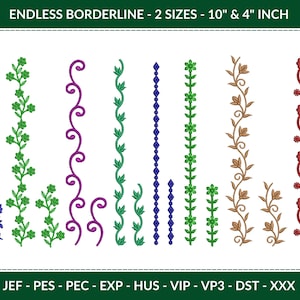 May include: Set of 10 embroidery designs for creating endless borders. The designs feature various floral and geometric patterns in purple, green, blue, red, and brown. The designs are available in two sizes: 10 inches and 4 inches. The file formats included are JEF, PES, PEC, EXP, HUS, VIP, VP3, DST, and XXX.