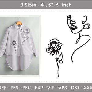 Op de afbeelding: Een lichtgrijs overhemd met afgeronde zoom, met een zwarte lijntekening van een gezicht en een roos. Daarnaast twee zwarte lijntekeningen: een gezicht en een roos. De tekst bovenaan luidt "3 Maten - 4", 5", 6" inch."
