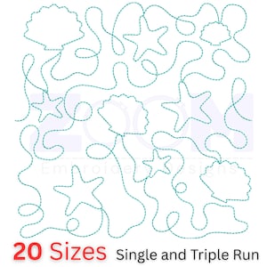 Może przedstawiać: Turkusowy wzór haftu przedstawiający muszle i rozgwiazdy połączone falistymi liniami. Tekst "20 Sizes" w kolorze czerwonym i "Single and Triple Run" w kolorze czarnym znajduje się na dole. Na białym tle.