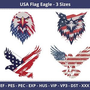 Desenhos de bordado à máquina com a bandeira dos EUA, padrão de bordado com remendo de águia, 3 tamanhos, download instantâneo