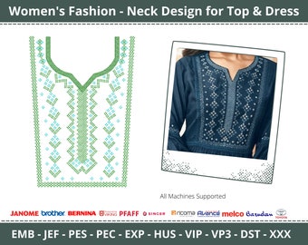 Kreuzstich V-Neck Stickdatei Design & Muster - Instant Download