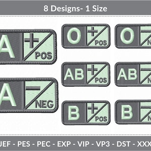 May include: Eight different blood type patches with a gray background and a light green border. The patches show the blood types A+, A-, B+, B-, AB+, AB-, O+, and O-. The text "POS" and "NEG" are on the patches.