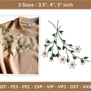 Può includere: Una felpa beige con un ricamo floreale di margherite bianche e foglie verdi. Il disegno è mostrato anche separatamente. L'immagine include il testo "3 Misure - 8,9cm, 10,2cm, 12,7cm" e formati di file di ricamo.