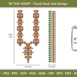 May include: Floral neckline design for embroidery, featuring a U-shaped pattern with flowers and leaves in red, yellow, and green. The design is 10.5 inches (26.67 cm) high and 4.5 inches (11.43 cm) wide. Includes a separate border design 1.4 inches (3.56 cm) wide. Fits 8"x11" hoop.