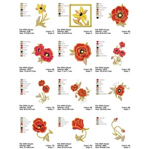 May include: A set of 10 embroidery designs featuring red poppies and yellow lilies. The designs are perfect for adding a touch of spring to your projects.