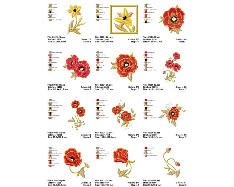 May include: A set of 10 embroidery designs featuring red poppies and yellow lilies. The designs are perfect for adding a touch of spring to your projects.