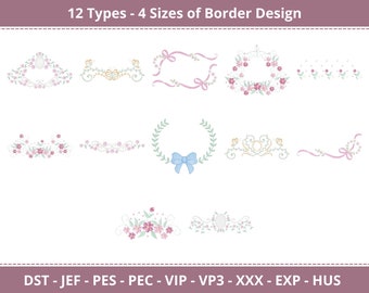 Floral Border and Decorative Elements 12 types and 4 Size Each - Embroidery Designs - Instant Download