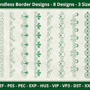 Może przedstawiać: Osiem różnych wzorów haftu do obramowań, każdy w trzech rozmiarach. Wzory są wszystkie zielone i zawierają różne spirale, liście i wzory kwiatowe. Wzory są oznaczone "JEF - PES - PEC - EXP - HUS - VIP - VP3 - DST - XXX".