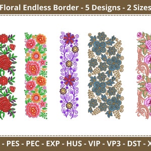 May include: Five embroidery designs of floral borders. The designs feature different colours and patterns, including red, pink, orange, purple, blue, and green. The designs are labelled "JEF - PES - PEC - EXP - HUS - VIP - VP3 - DST - XXX".