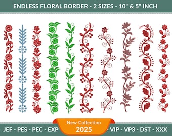 Continuous Floral Border Embroidery Design, Ornamental Border Embroidery Pattern, 2 Sizes - Digital File for Embroidery Machines