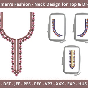 Floral Y-Ausschnitt Stickdatei für Damen Tops & Kleider | Maschinenstickerei Ausschnitt-Muster | Kurti, Tunika, Bluse und Mode Outfits