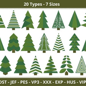 May include: Twenty different designs of green Christmas trees in seven sizes. The trees are stylized and geometric. The text "20 Types - 7 Sizes" is at the top of the image. The text "DST - JEF - PES - VP3 - XXX - EXP - HUS - VIP" is at the bottom of the image.