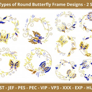 Butterfly Floral Frame Embroidery Designs - Flower Round Frame with Butterfly Embroidery Pattern - 10 Types - 2 Sizes - Instant Download