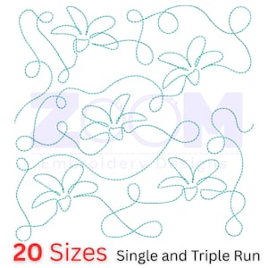 Könnte beinhalten: Digitales Stickdesign mit einem sich wiederholenden Blumenmuster in türkisfarbenen Stichen. Der Entwurf enthält den Text "20 Sizes Single and Triple Run" in Rot und Schwarz.