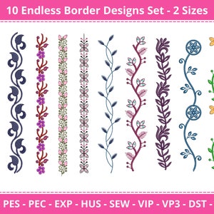 Florale Stickerei Bordüren Designs - Nahtlose Stickerei Bordüren Muster - 10 Designs - je 2 Größen - Instant Download