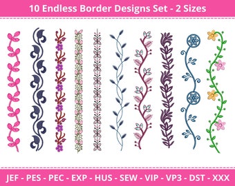 Floral Embroidery Border Designs - Seamless Embroidery Border pattern - 10 Designs - 2 Size each - Instant Download