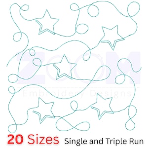 Könnte beinhalten: Türkisfarbene Stern-Stickmuster mit einem gepunkteten Stichmuster. Die Sterne sind durch fließende Linien verbunden. Der Text unten lautet "20 Größen Single and Triple Run".