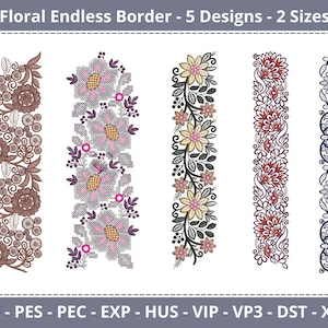 May include: Five embroidery designs for a floral endless border. The designs feature different floral patterns in shades of brown, pink, yellow, red, and blue. The text "JEF - PES - PEC - EXP - HUS - VIP - VP3 - DST - XXX" is at the bottom of the image.