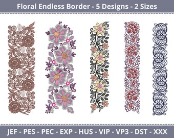 Floral Endless Border Embroidery Designs - 5 Designs - 2 Size  - Instant Download