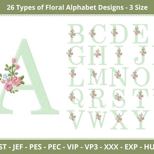 Elegantes diseños de bordado a máquina con alfabeto de fuentes florales, patrón de bordado de alfabeto de flores, 3 tamaños, descarga instantánea