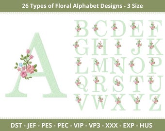 Elegant Floral Font Alphabet Machine Embroidery Designs, Flower Alphabet Embroidery Pattern, 3 Size, Instant Download
