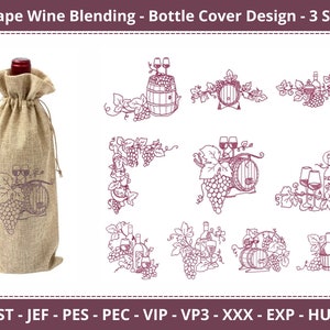Pode incluir: Um conjunto de 10 desenhos de bordado que representam uma garrafa de vinho, uvas, copos de vinho e um barril. Os desenhos são de cor bordô e são perfeitos para criar artesanato com tema de vinho.