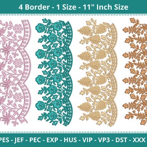 Peut inclure: Quatre motifs de broderie pour bordures, chacun mesurant 28 cm de long. Les motifs présentent des motifs floraux en rose, turquoise, beige et marron.