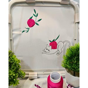 Può includere: Telaio da ricamo con un tessuto bianco con un disegno di gatto e un frutto rosso con foglie verdi. Il gatto è bianco con contorni neri. Una bobina di filo rosa e piccole piante verdi sono in primo piano.