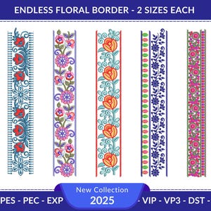 Endlos florale Bordüren Stickmuster - je 2 Größen - Maschinenstickdatei - Instant Download